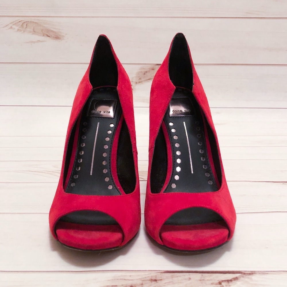 NWOT Dolce Vita Red Suede Peep Toe Pumps Size 7.5 - Picture 2 of 7